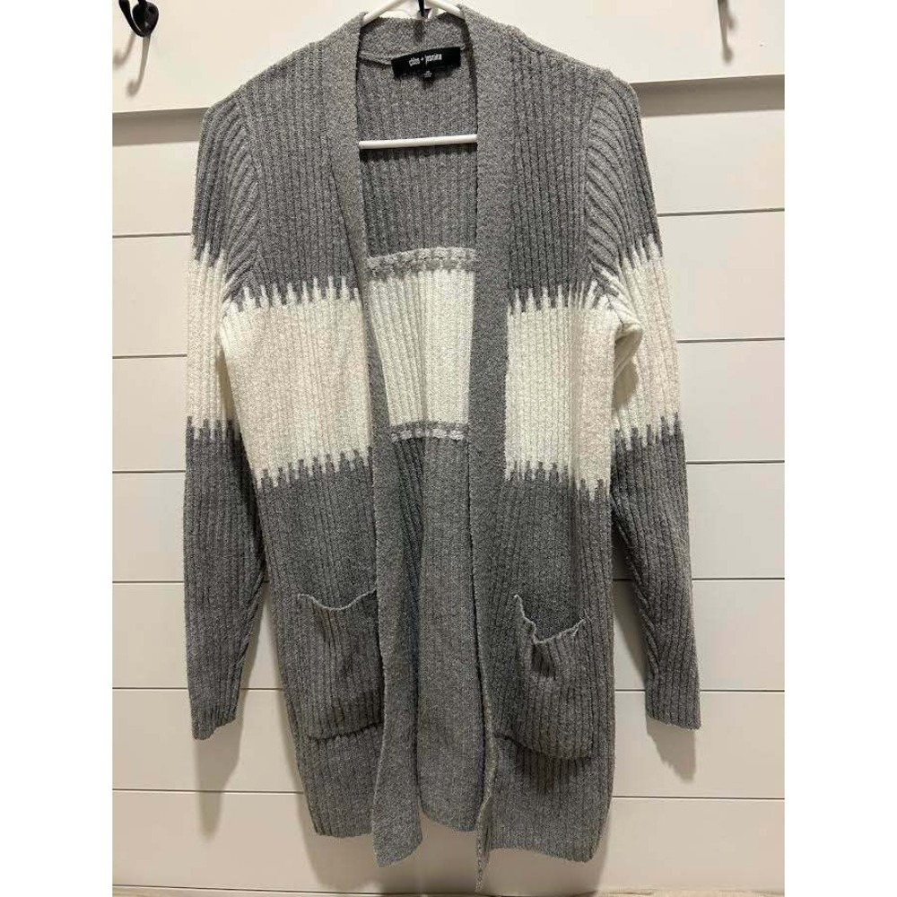 Chloe + Jasmine Womens Grey White Ribbed Colorblock Open Front Cardigan Size M